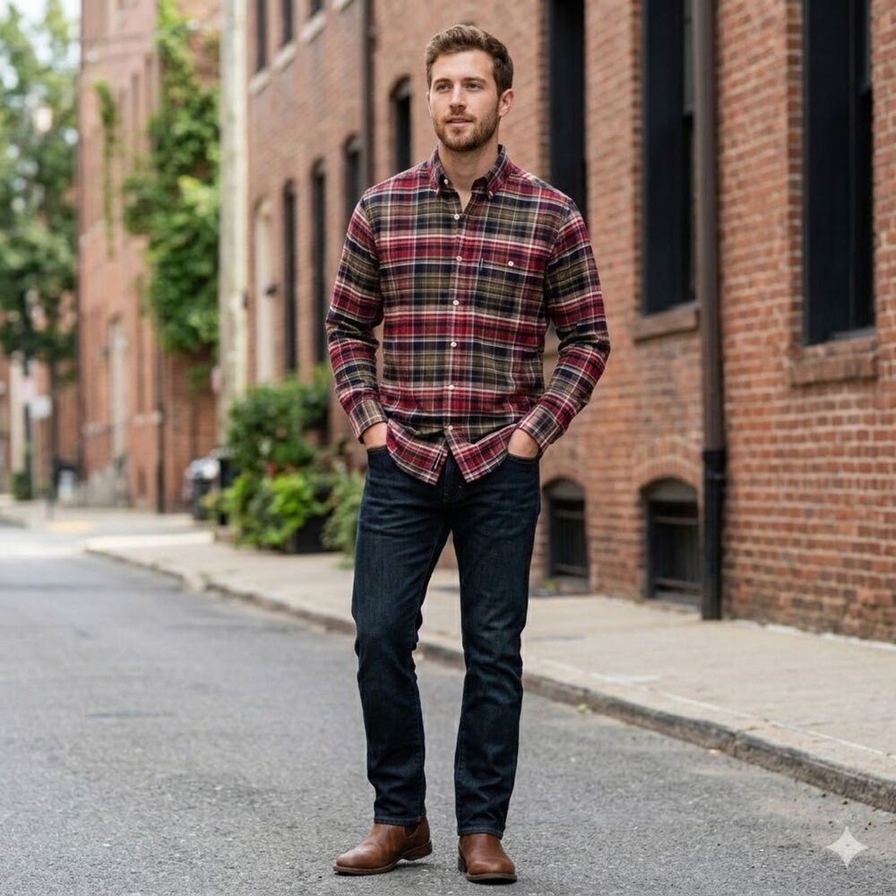 Rough Stock Red Blue Plaid Shirt Panhandle Slim Medium Cotton Slim